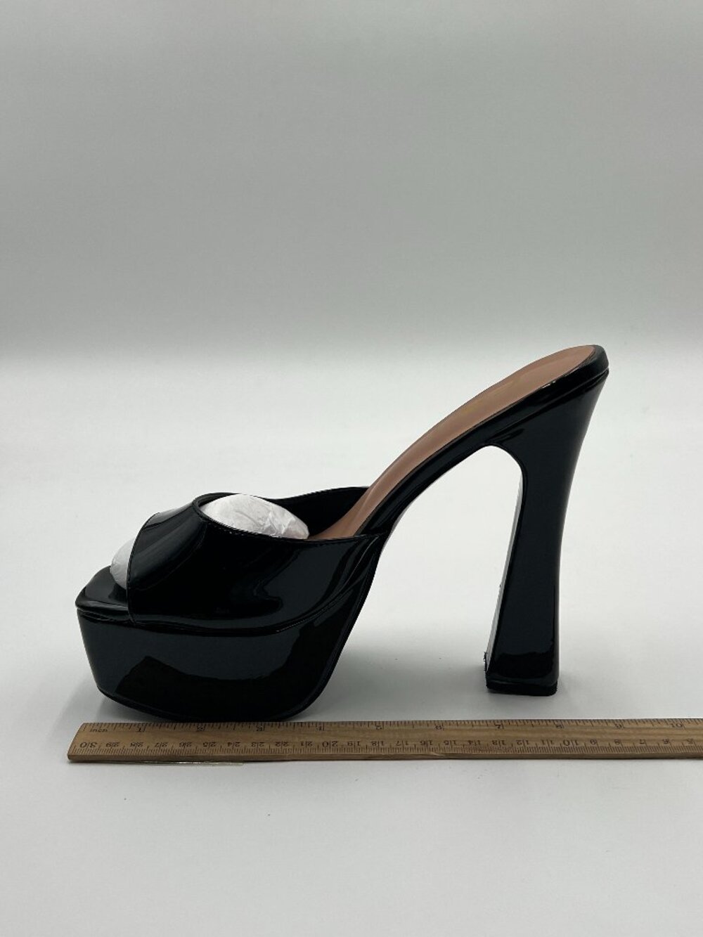 FSJ Black Slip On Platform Heeled Sandals Peep Open Toe, Chunky High Heels Mules
